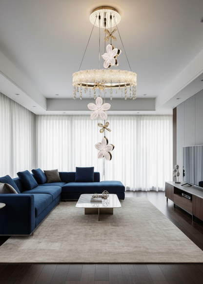Swanart modern crystal flower chandelier with LED pendant lights, gold finish, decorative floral design for living and dining rooms