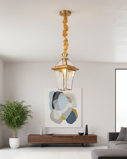 Swanart vintage gold hanging pendant light with glass shade, decorative indoor ceiling lamp for living room, dining hall, or kitchen.