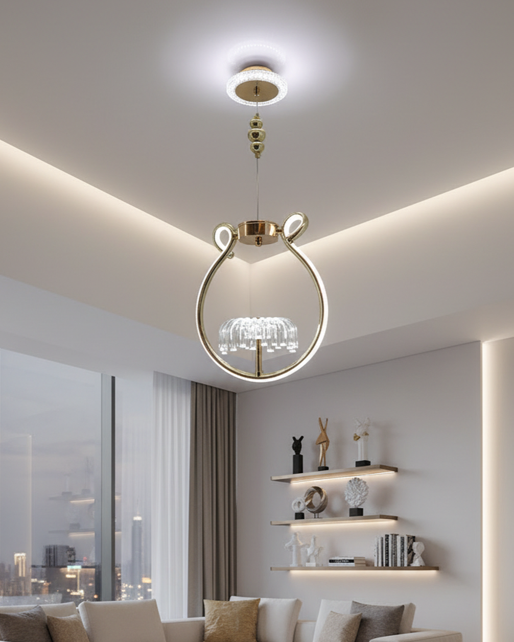 Swanart modern gold halo pendant light with glass rods and adjustable height, ideal for dining, living, or bedroom spaces