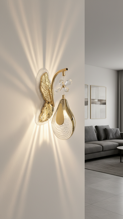 Swanart luxury gold leaf wall light with crystal flower accent, modern LED sconce, elegant glass drop for living room or hallway decor