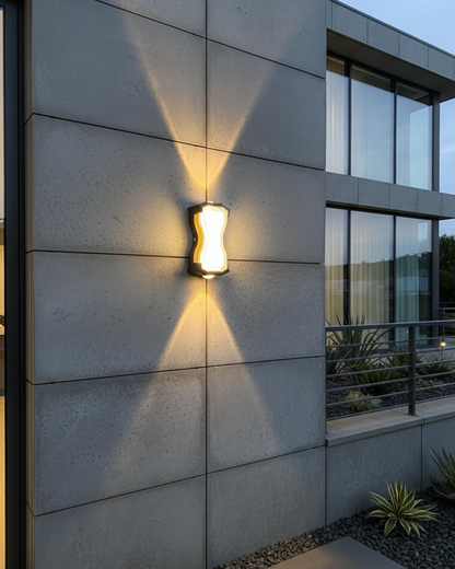 Swanart modern outdoor LED wall light in black finish with upward and downward illumination for porch, garden, or patio exterior.