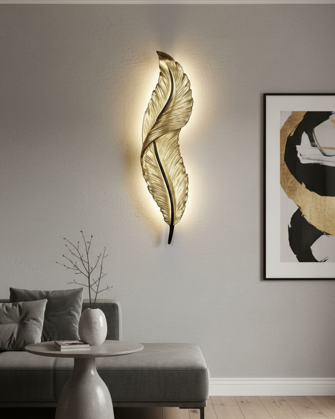 Swanart modern feather LED wall light with golden metal design, warm white ambient lighting, ideal for living rooms, bedrooms, or hallways.