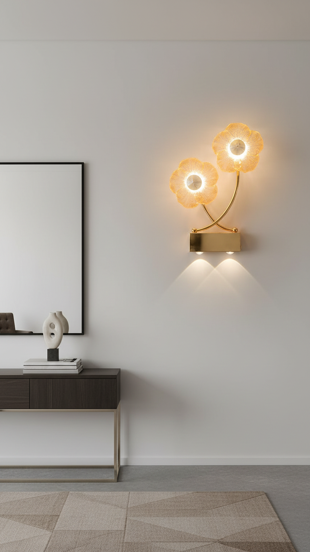 Swanart modern flower LED wall light with crystal petal design and gold finish, emitting warm downlight for living room or bedroom decor.