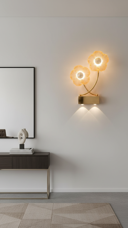 Swanart modern flower LED wall light with crystal petal design and gold finish, emitting warm downlight for living room or bedroom decor.