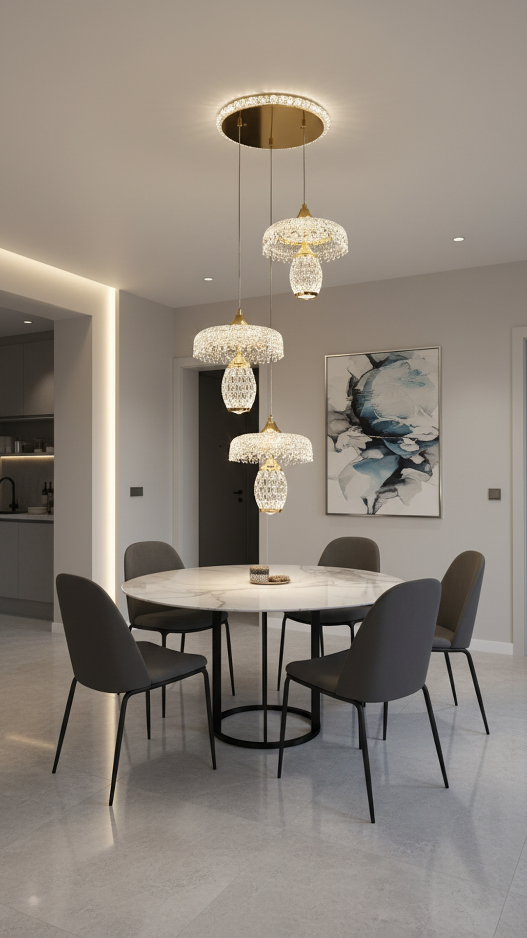 Swanart modern crystal pendant chandelier with three LED lights, gold finish, hanging ceiling fixture for dining room or living space