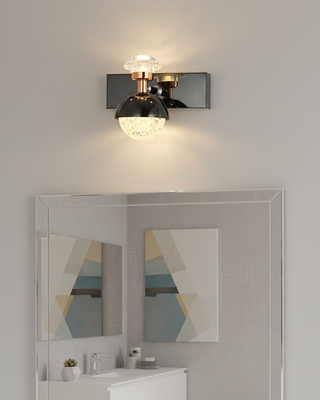 Swanart Modern rose gold and black crystal wall sconce with dual shades, LED wall light ideal for living room, bedroom, hallway decor
