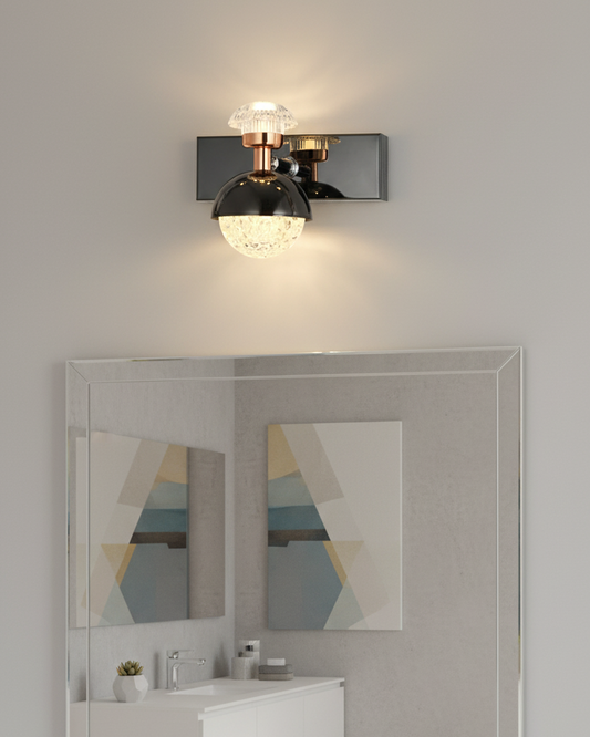 Swanart Modern rose gold and black crystal wall sconce with dual shades, LED wall light ideal for living room, bedroom, hallway decor