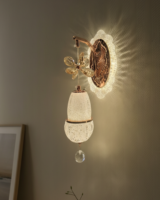 Swanart luxury crystal butterfly wall light with rose gold finish and LED sconce, decorative lighting for living room or bedroom.
