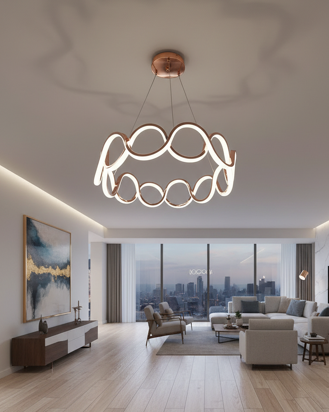 Swanart modern pendant light with sleek design, hanging in a contemporary home setting, providing elegant ambient lighting.