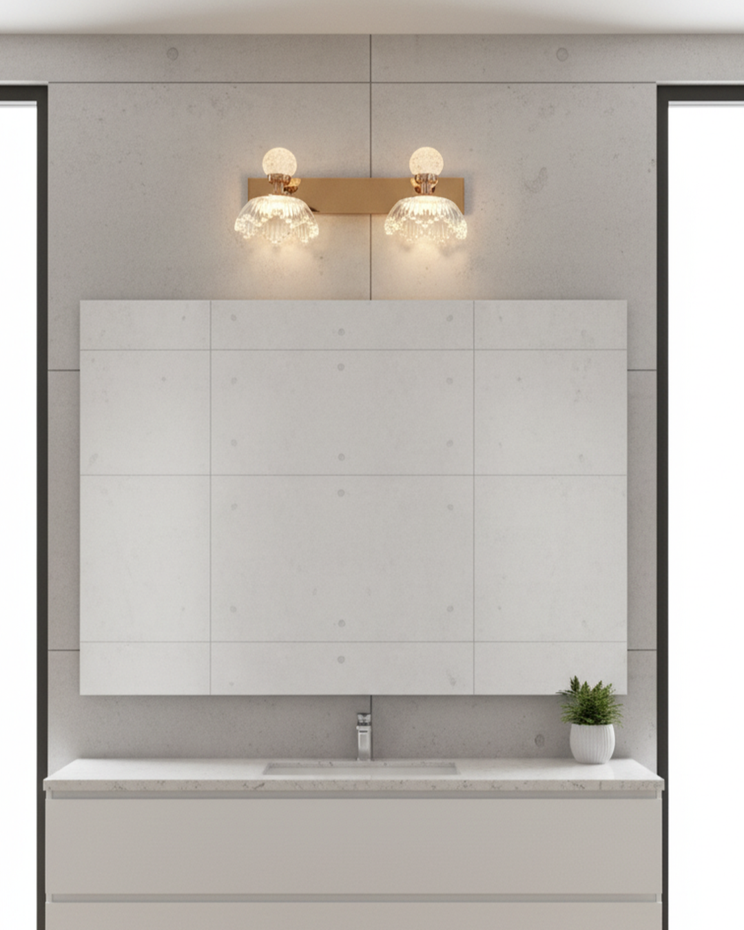 Swanart modern crystal wall light with gold finish, dual LED heads, decorative sconce for bedroom, living room, or bathroom vanity.
