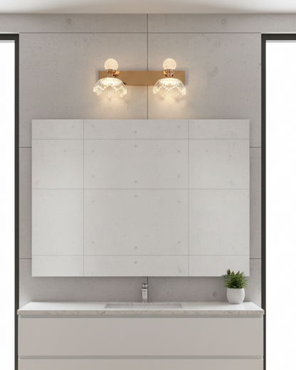 Swanart modern crystal wall light with gold finish, dual LED heads, decorative sconce for bedroom, living room, or bathroom vanity.