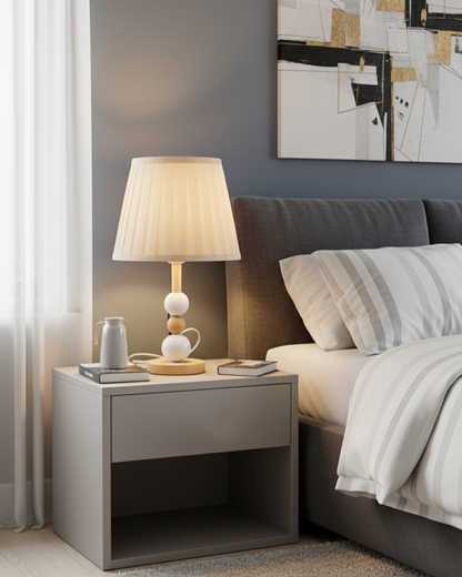Swanart modern bedside table lamp with fabric shade, wooden and ceramic base, emitting warm ambient light for bedroom or living room.