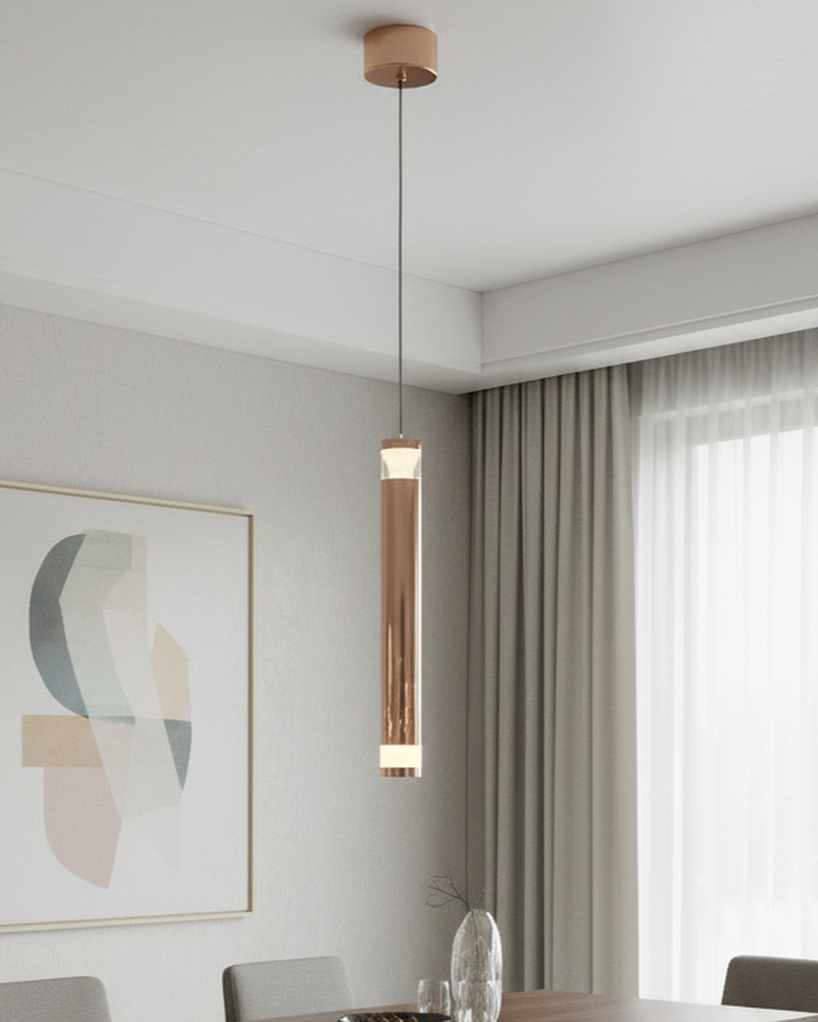 Swanart Modern LED Pendant Light for Living Room, Hanging Light, Pendant Lamp, Ceiling Suspension Light, Adjustable Height Rose Gold Cylinder Pendant Light for Dining Room, Bedroom & Kitchen Island