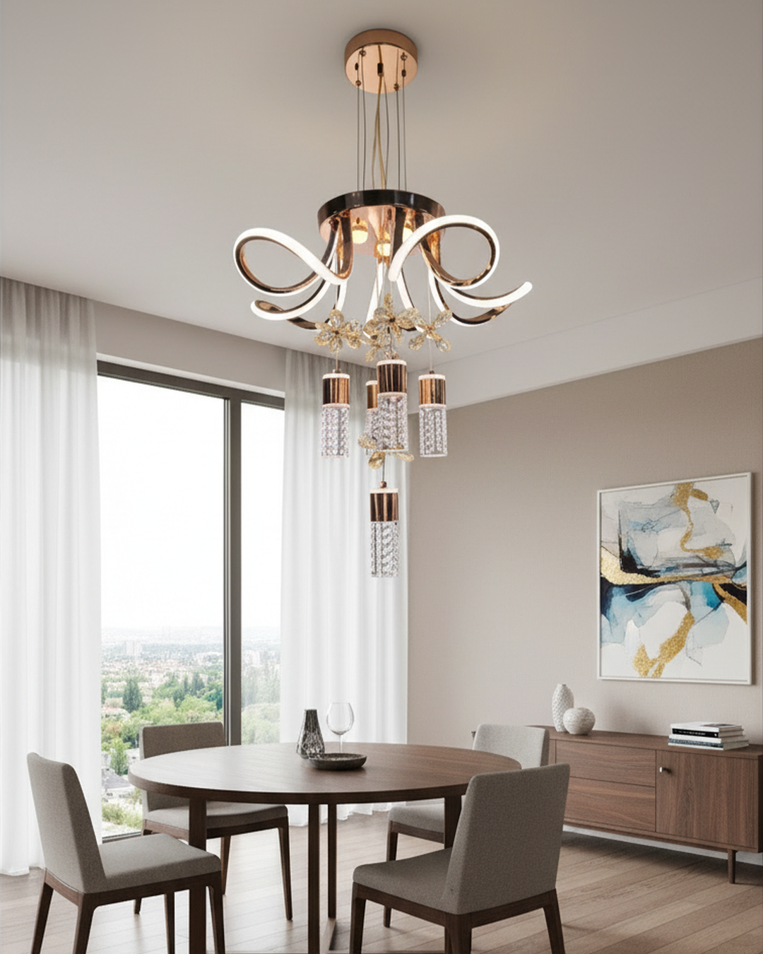 Swanart modern crystal LED chandelier with gold finish and floral design, hanging pendant ceiling light for living room or bedroom decor