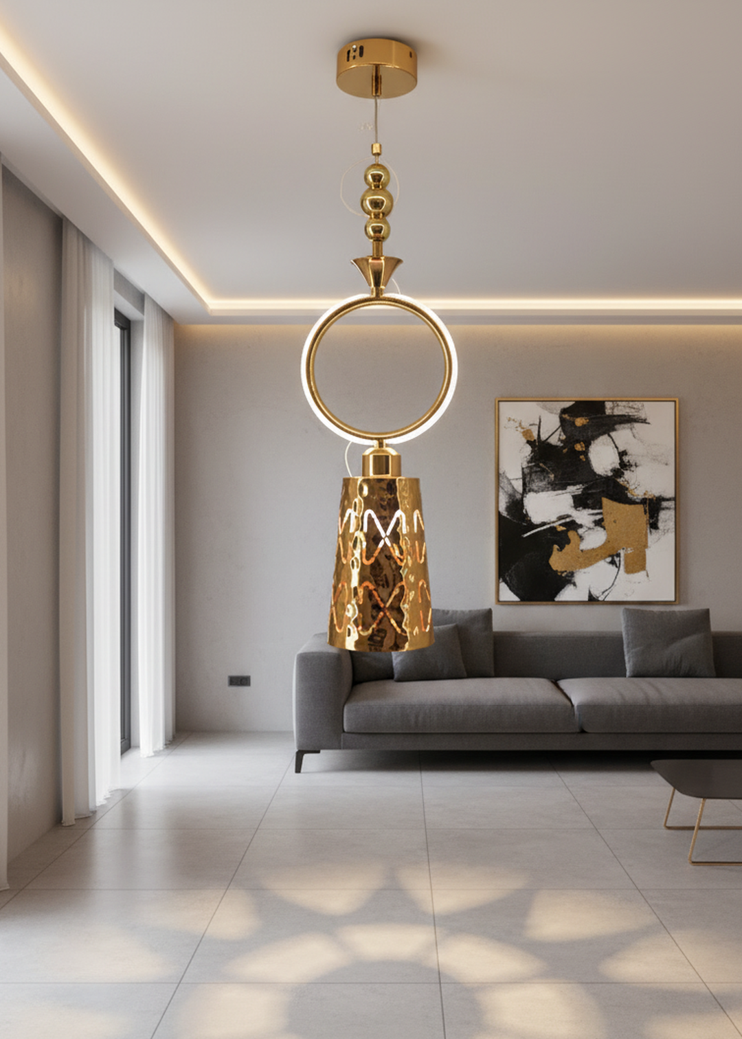 Swanart modern gold pendant light with hammered metal shade and ring design, adjustable height LED hanging lamp for kitchen or dining area
