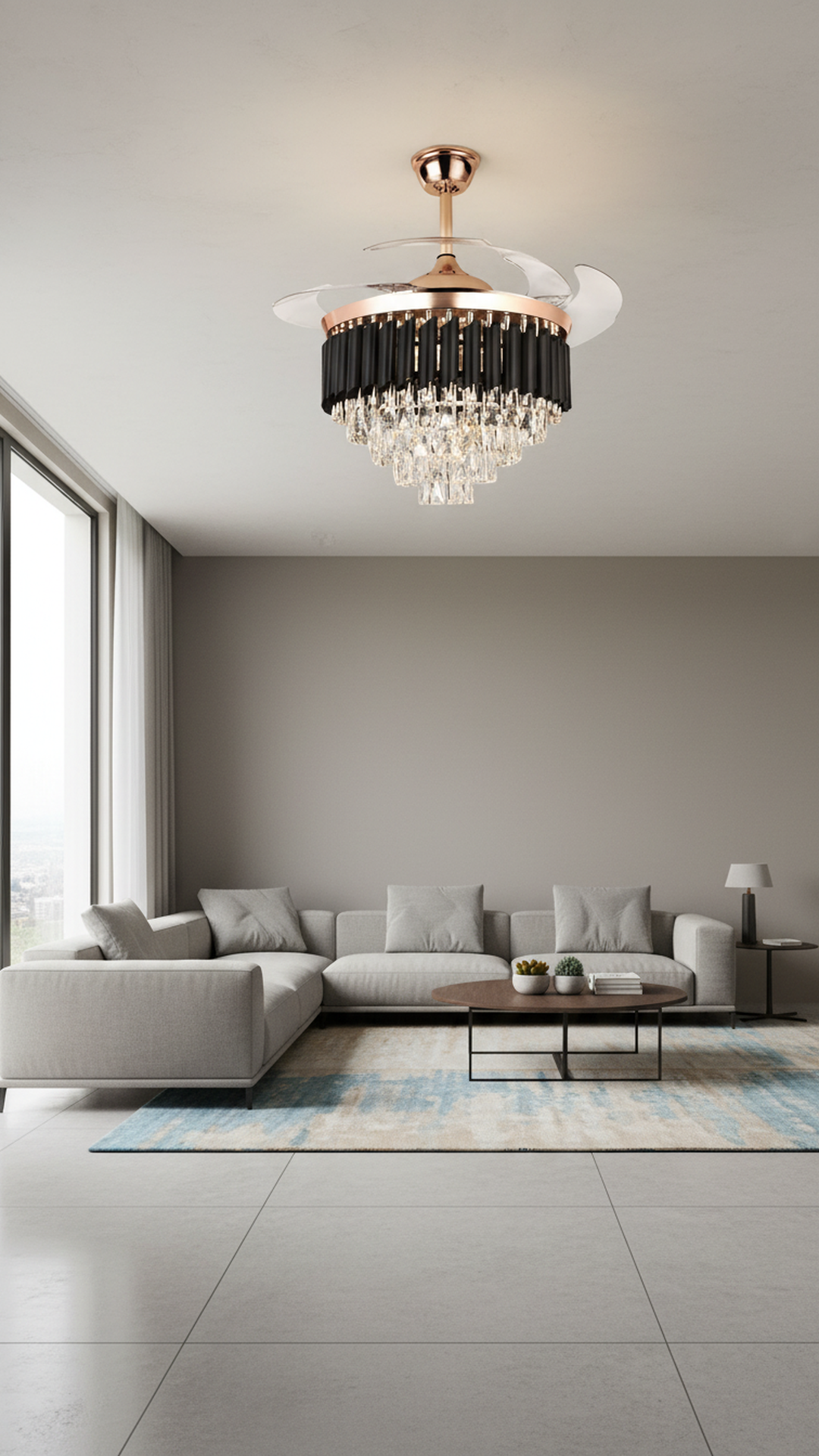 Swanart Modern Crystal Chandelier Fan with Retractable Blades, LED Ceiling Fan Light, Rose Gold Finish, Luxury Crystal Ceiling Light with Fan for Living Room Bedroom