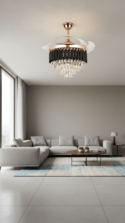 Swanart Modern Crystal Chandelier Fan with Retractable Blades, LED Ceiling Fan Light, Rose Gold Finish, Luxury Crystal Ceiling Light with Fan for Living Room Bedroom