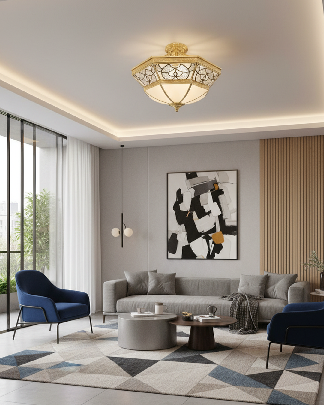 Swanart vintage gold semi-flush ceiling light with 48cm diameter, featuring elegant design and decorative metal accents.