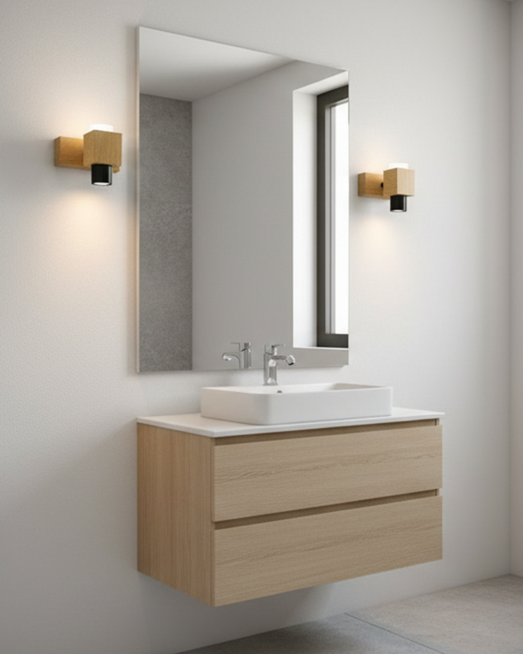 Swanart modern wooden LED wall light fixture with minimalist up-down design, warm white glow for bedroom, living room, or bathroom decor