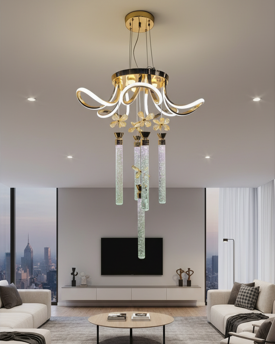 Swanart modern gold LED chandelier pendant light with crystal tubes, luxury hanging ceiling fixture for living room, bedroom, or hall