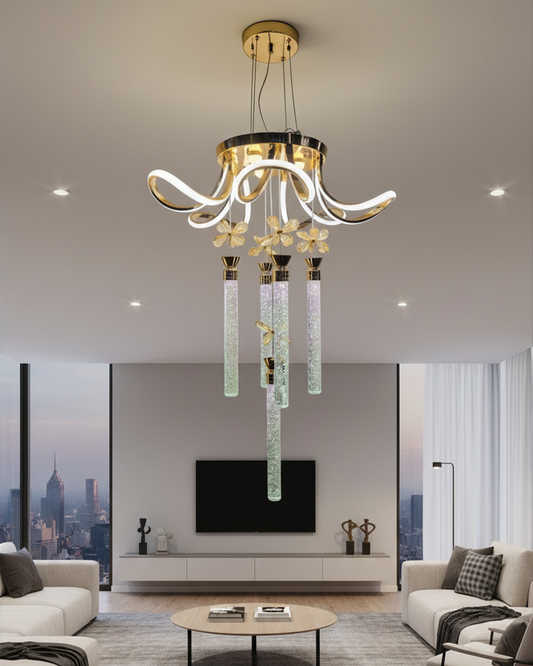 Swanart modern gold LED chandelier pendant light with crystal tubes, luxury hanging ceiling fixture for living room, bedroom, or hall