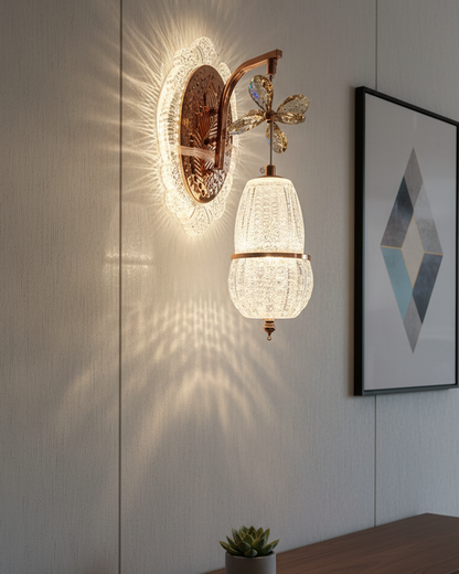 Swanart luxury crystal butterfly wall light with rose gold finish and modern LED sconce, featuring a crystal shade for living room or bedroom decor.