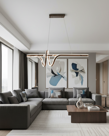 Swanart modern LED wave pendant chandelier hanging above a dining table, artistic contemporary lighting fixture for living rooms.