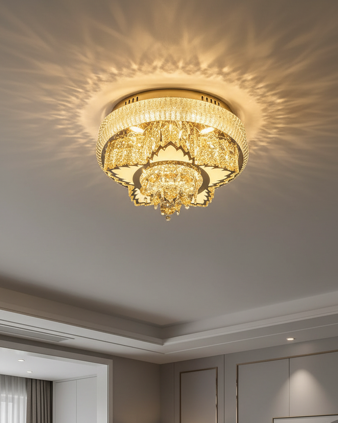 Swanart crystal pendant chandelier with multiple hanging crystal strands and a sleek metal frame, elegant lighting fixture.