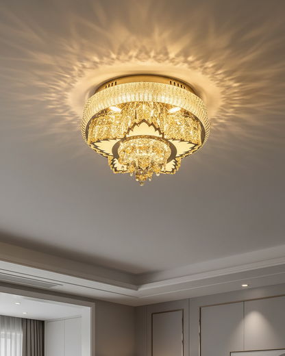 Swanart crystal pendant chandelier with multiple hanging crystal strands and a sleek metal frame, elegant lighting fixture.