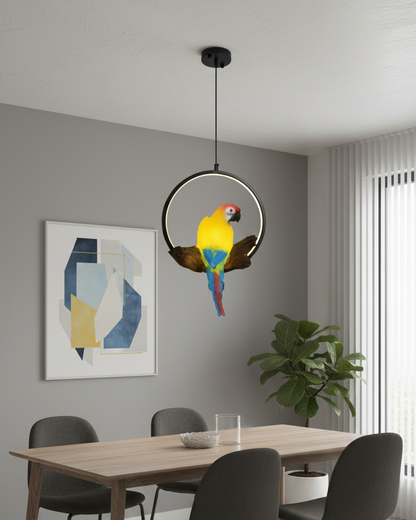 Swanart Modern Parrot LED Pendant Light Ring hanging chandelier with decorative bird design for living room or bedroom ceiling lighting.