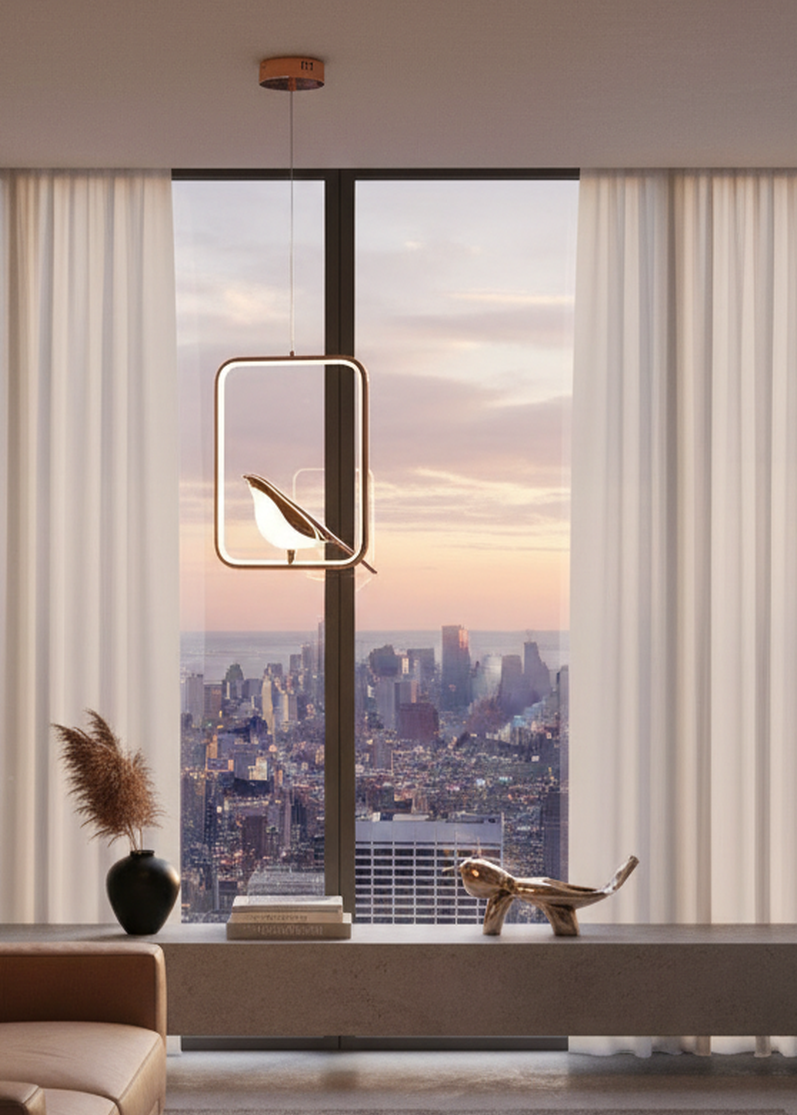 Swanart Metal Chirpy Pendant Light with elegant design, hanging from ceiling, ideal for modern home decor in dining or living rooms.