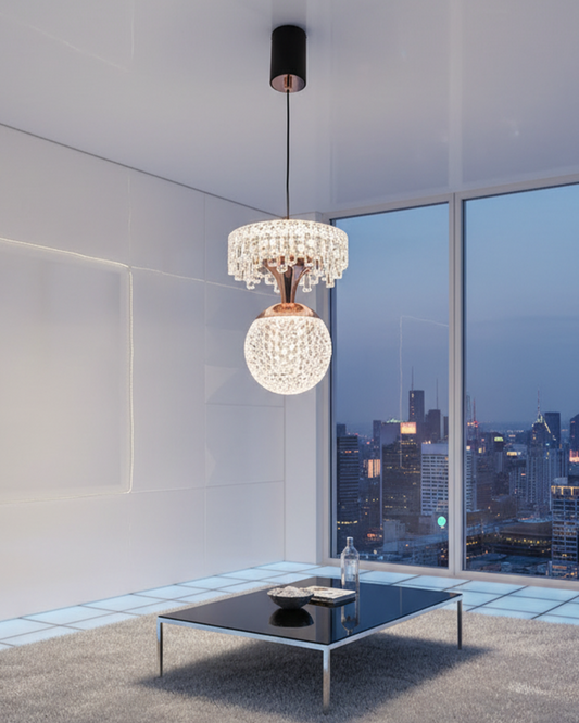 Modern 2-tier crystal pendant light by Swanart featuring black and rose gold design with multiple hanging crystal accents.