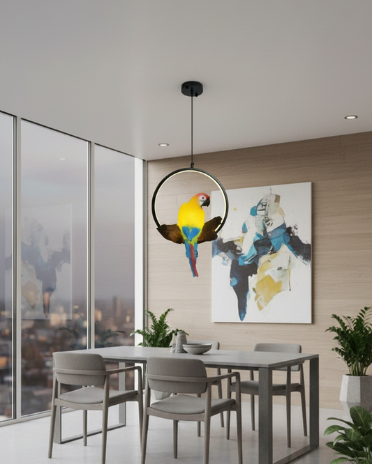 Swanart modern parrot LED pendant light with ring design, decorative bird chandelier hanging lamp for living room or bedroom decor