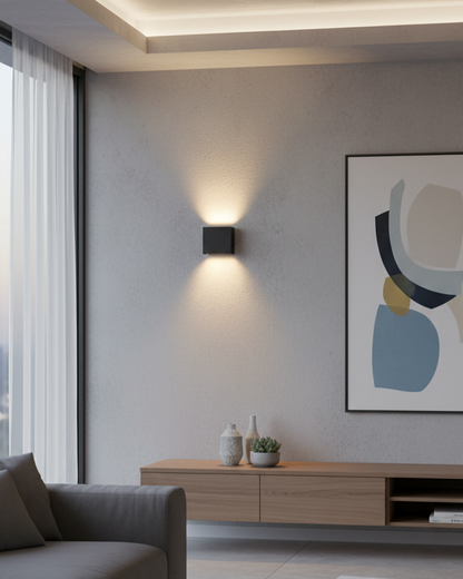 Swanart modern black cube LED wall sconce with warm white light, suitable for indoor and outdoor living room, bedroom, or hallway decor.