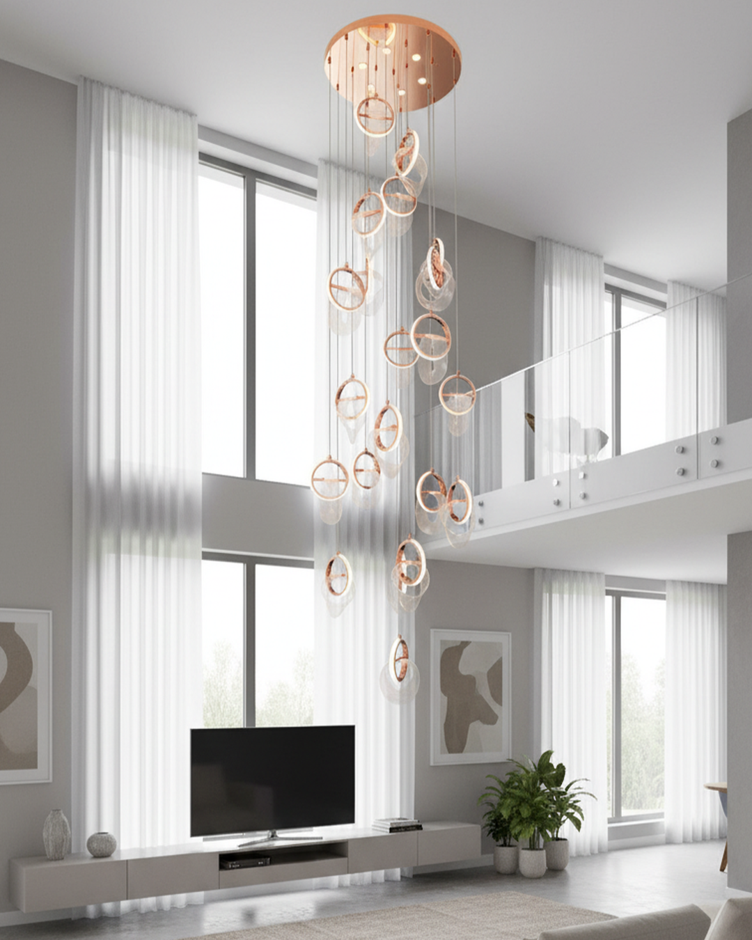 Swanart modern crystal ring chandelier in rose gold with LED hanging lights, ideal for living room, staircase, or hall decor.