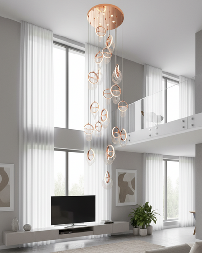 Swanart modern crystal ring chandelier in rose gold with LED hanging lights, ideal for living room, staircase, or hall decor.