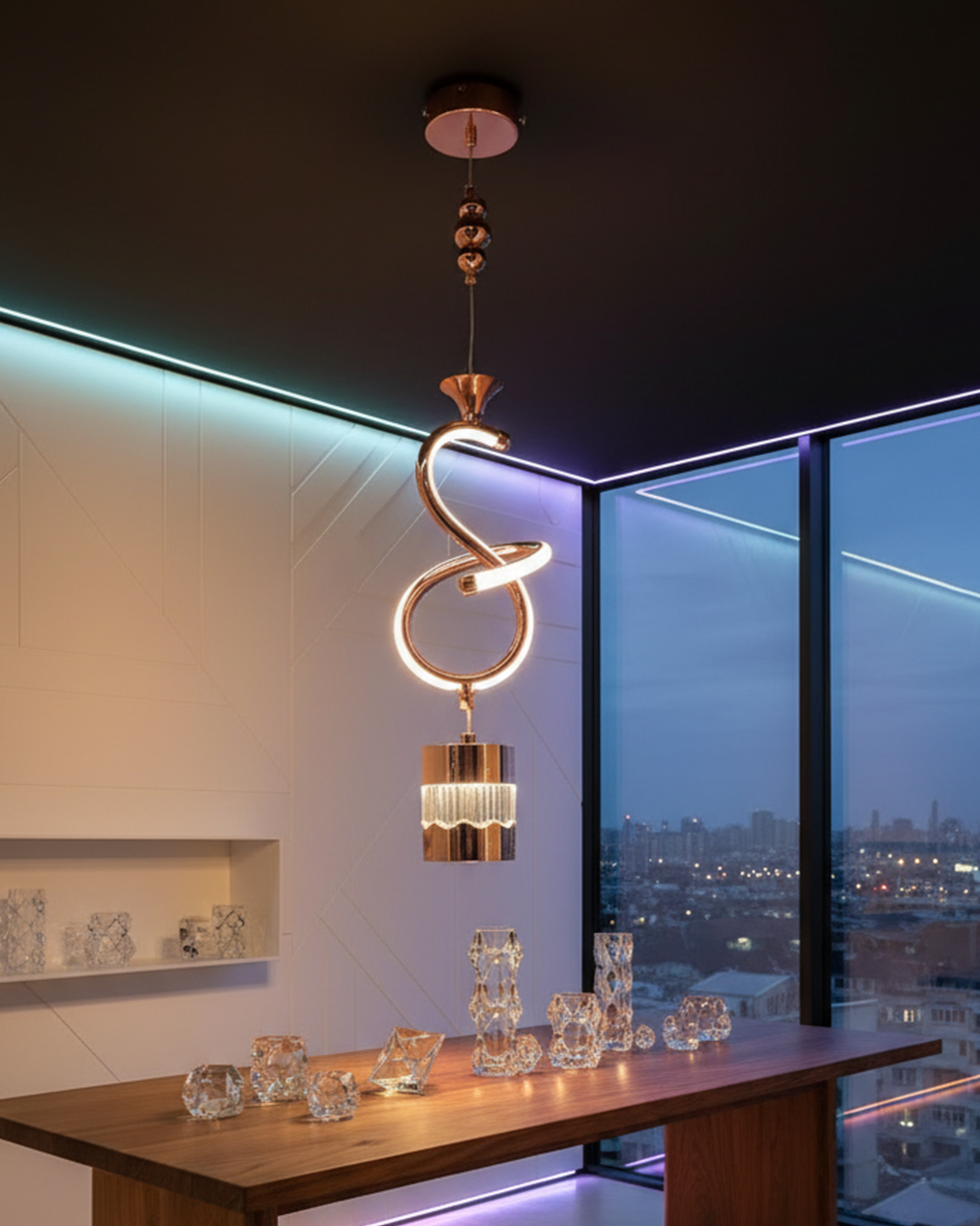 Swanart modern rose gold spiral pendant light with crystal accents, adjustable hanging LED lamp for dining, living, or bedroom.