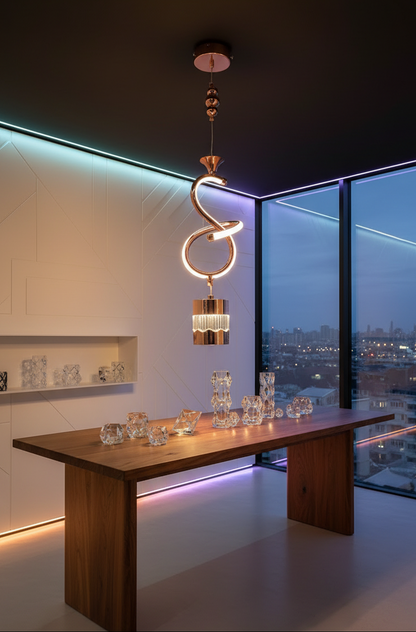 Swanart Modern Rose Gold Spiral Pendant Light - Elegant LED Hanging Lamp with Crystal Accent and Adjustable Height, Perfect for Dining Rooms, Living Rooms, and Bedrooms - Swanart