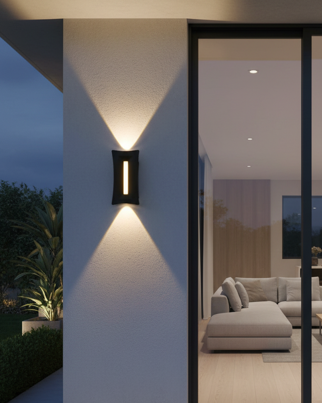 Swanart modern black outdoor LED wall light mounted on a wall, energy-efficient exterior lighting for outdoor spaces.