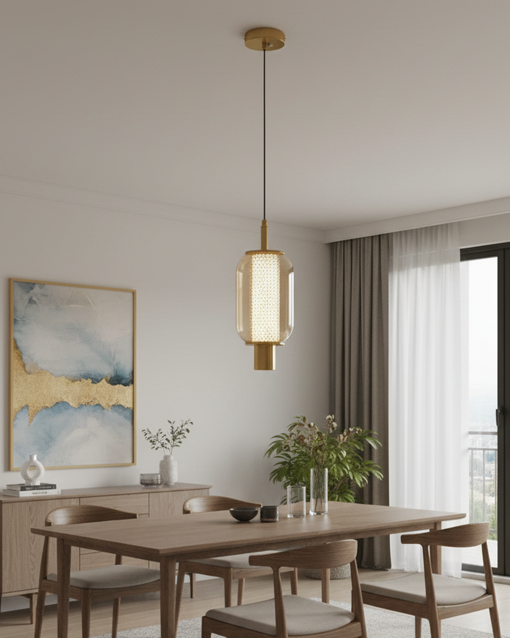 Modern gold Swanart pendant light with amber glass shade, LED ceiling lamp, adjustable height, ideal for living room, dining, or bedroom.