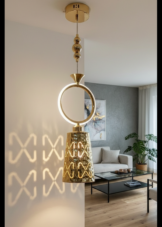 Swanart gold pendant light with hammered metal shade and ring design, adjustable height ceiling lamp for kitchen and dining areas
