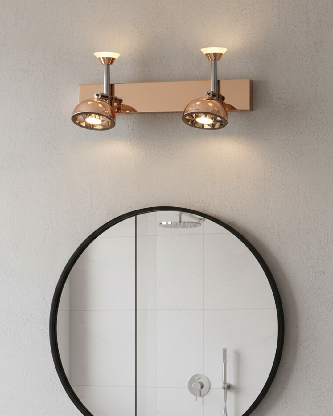 Swanart modern rose gold dual LED wall sconce with adjustable vanity lights, ideal for bathroom, bedroom, or living room decor.