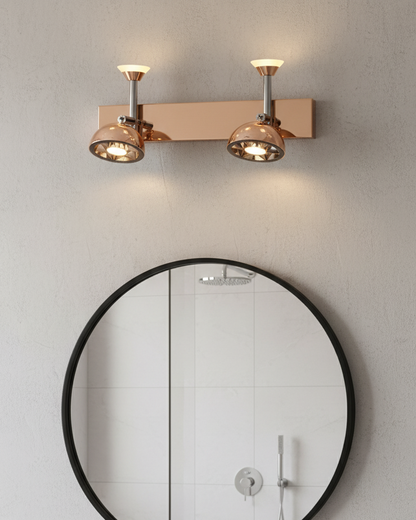 Swanart modern rose gold dual LED wall sconce with adjustable vanity lights, ideal for bathroom, bedroom, or living room decor.