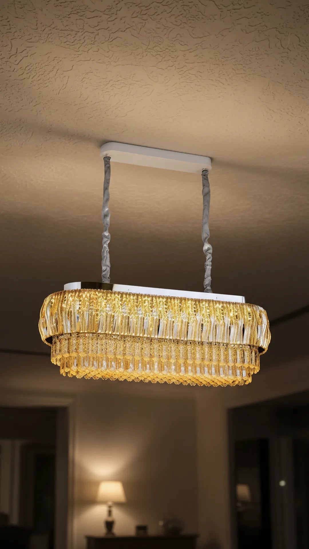 Swanart Luxury Rectangular Crystal Chandelier 95cm Modern LED Ceiling Hanging Light 4 Layer Gold Crystal Pendant Lamp for Dining Table Living Room Hotel Lobby Restaurant Decorative Lighting