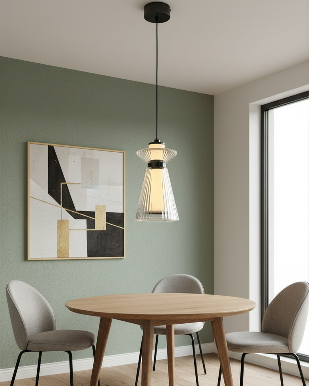 Swanart modern glass pendant light with rose gold finish hanging in a living room, featuring an adjustable height ceiling lamp.