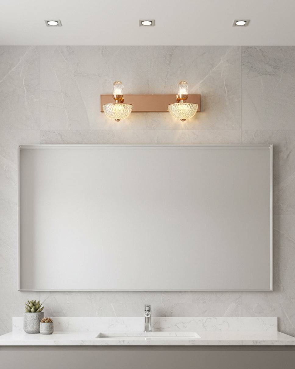 Swanart modern rose gold wall sconce with dual LED lights and diamond cut glass shades, ideal for living room or bedroom decor.