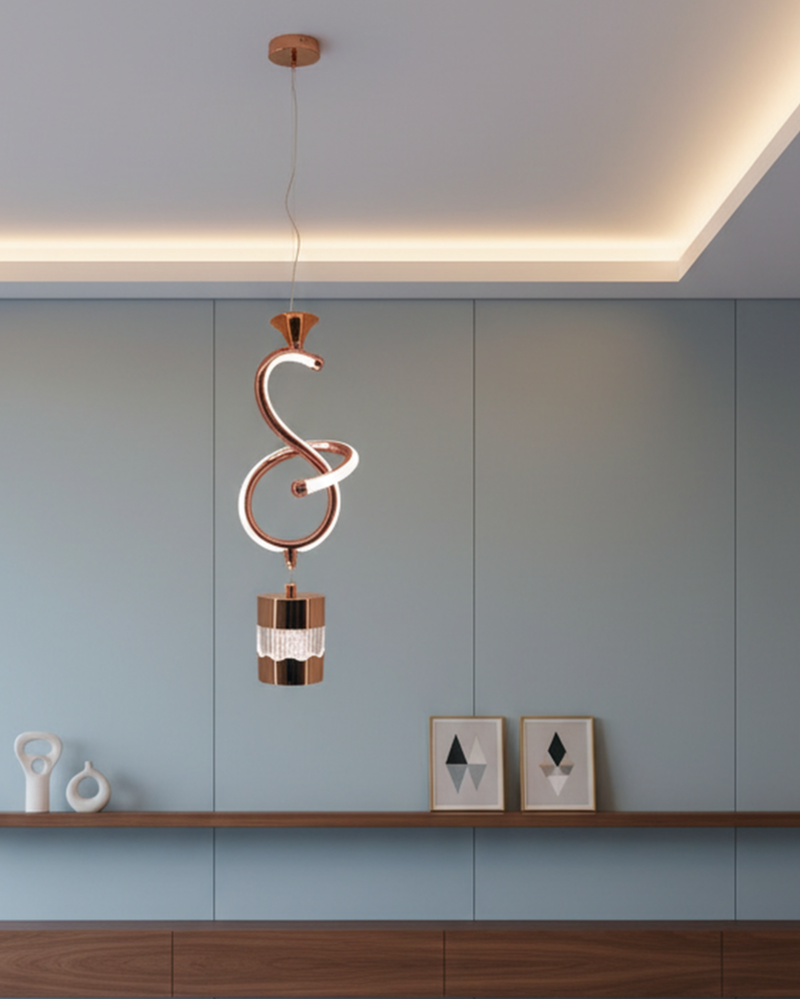 Swanart modern rose gold spiral pendant light with crystal accents, adjustable height LED hanging lamp for dining, living, or bedroom.
