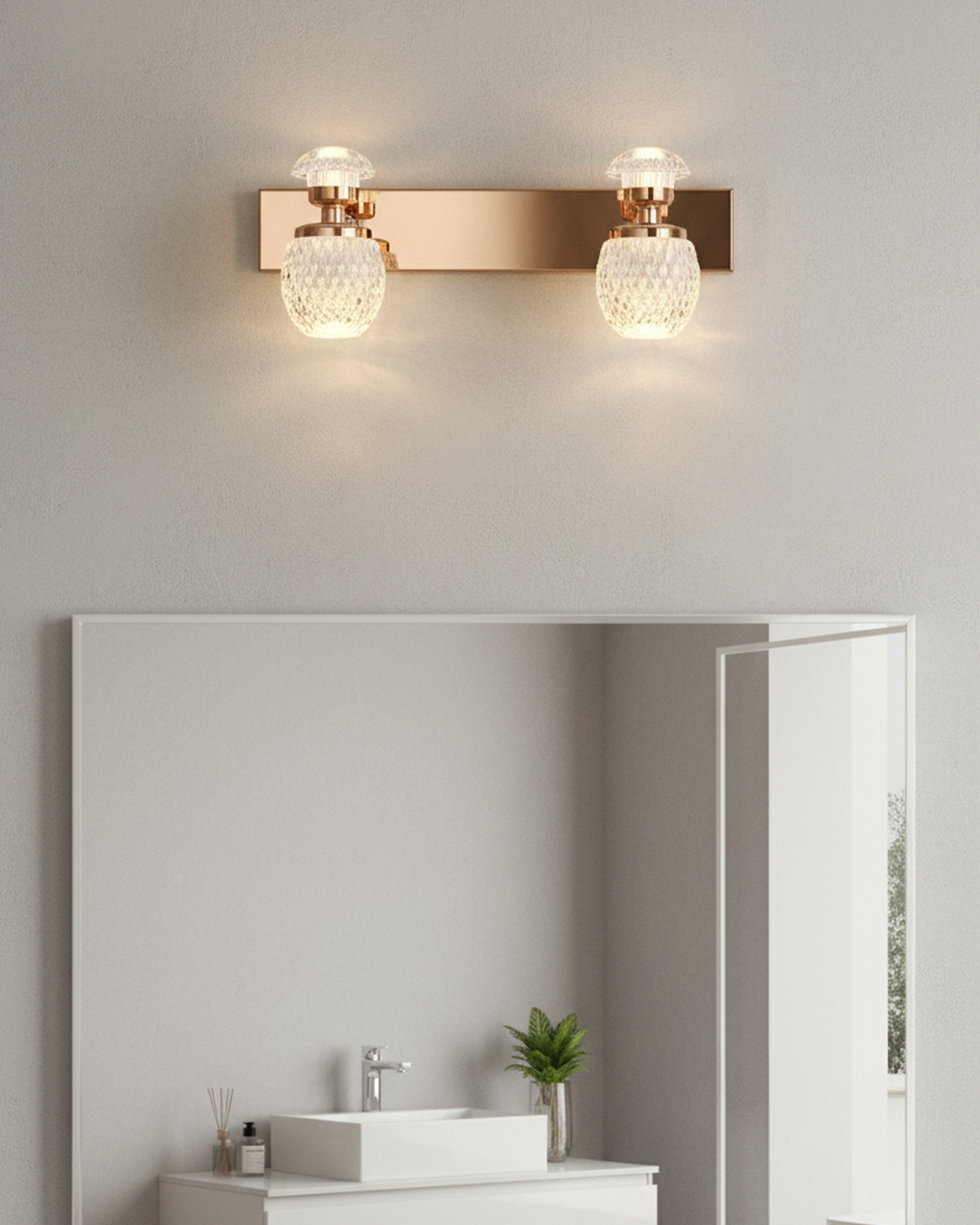 Swanart luxury crystal glass double LED wall light with golden mirror finish, suited for bedroom, living room, or vanity decor.