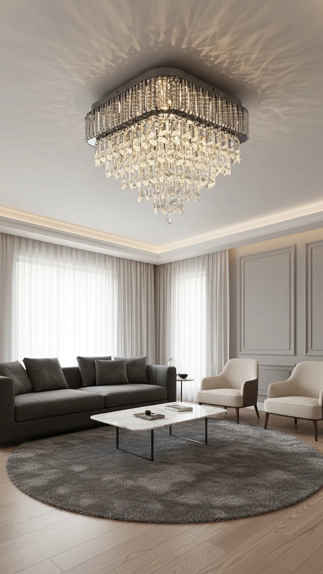 Modern square gold crystal chandelier by Swanart with multi-layer pendant crystals, hanging ceiling light for living, dining, or bedroom.