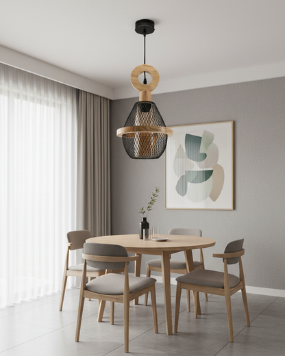 Swanart Modern Wooden Mesh Pendant Light, Decorative Hanging Light with Black Metal Cage Shade, Contemporary Ceiling Lamp for Dining Room, Living Room, Kitchen Island & Café Décor
